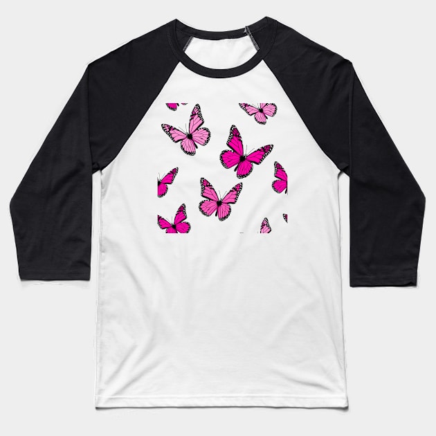 Pink Butterfly Pattern Baseball T-Shirt by HeavenlyTrashy